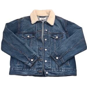 Unveil Medium-Wash Jean Trucker Jacket Fuzzy Sherpa Collar Women's Size Medium